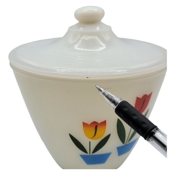 FIRE KING TULIP Ivory Off White GREASE DRIP JAR with Lid Anchor Hocking USA - Picture 4 of 6